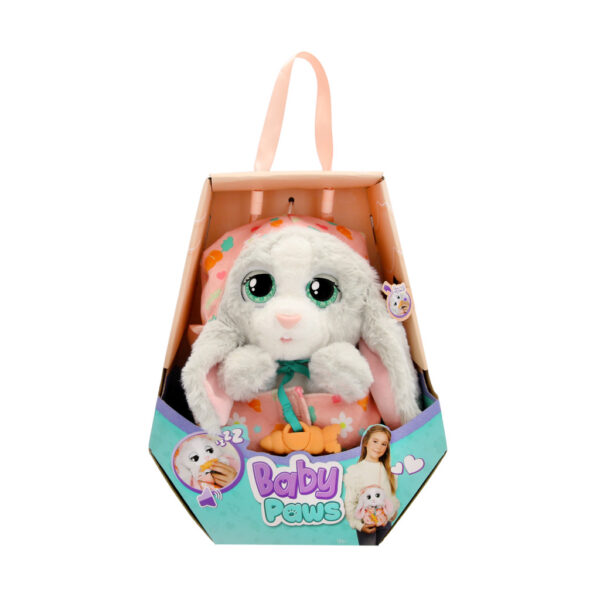 Iepuraș gri interactiv Baby Paws cu gentuță și suzetă, 21,5 cm